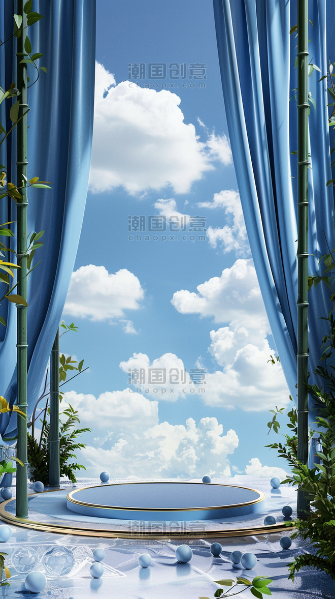 夏天夏季简约玻璃风蓝色竹叶产品展示台电商展台背景