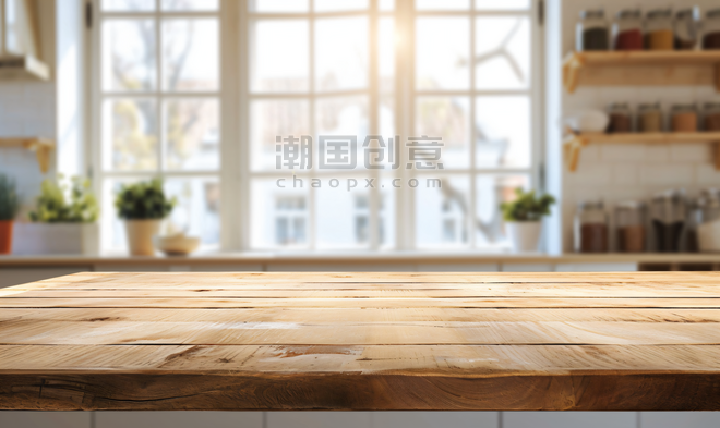 创意干净木桌厨房模糊窗户木质展台桌面空场景电商产品摄影