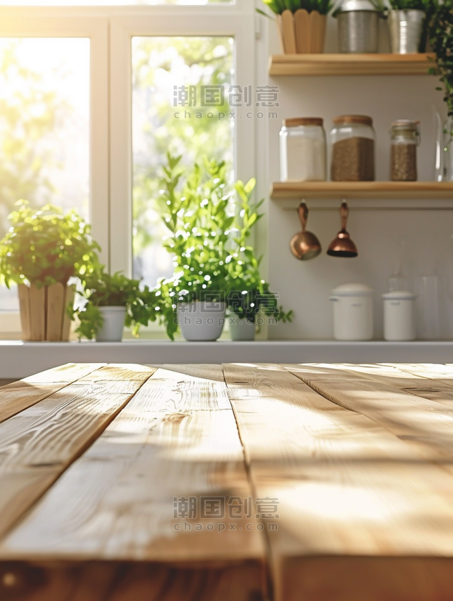 创意模糊窗户木质展台桌面干净木桌厨房空场景电商产品摄影