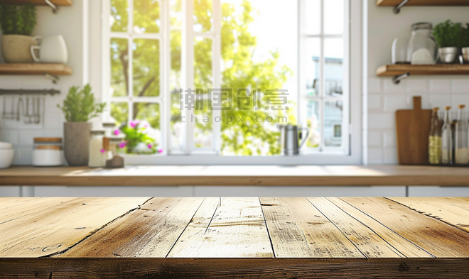 创意模糊窗户木质展台桌面干净木桌厨房电商产品摄影