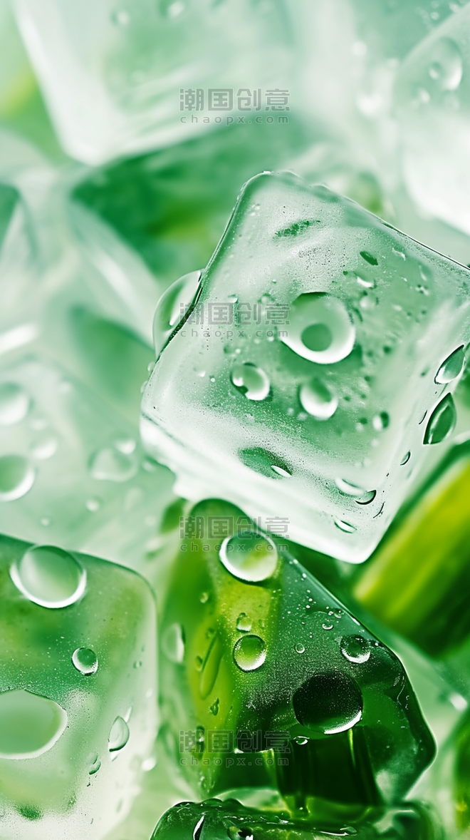 创意夏日3D绿色清新透明冰块手机壁纸背景素材