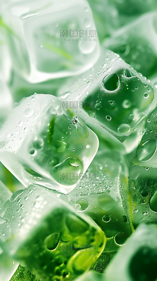 创意夏日3D绿色清新透明冰块手机壁纸背景