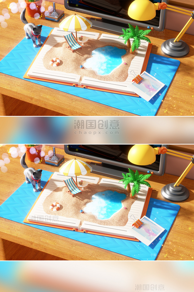 夏季夏天3D立体书桌书本海边沙滩微景观场景