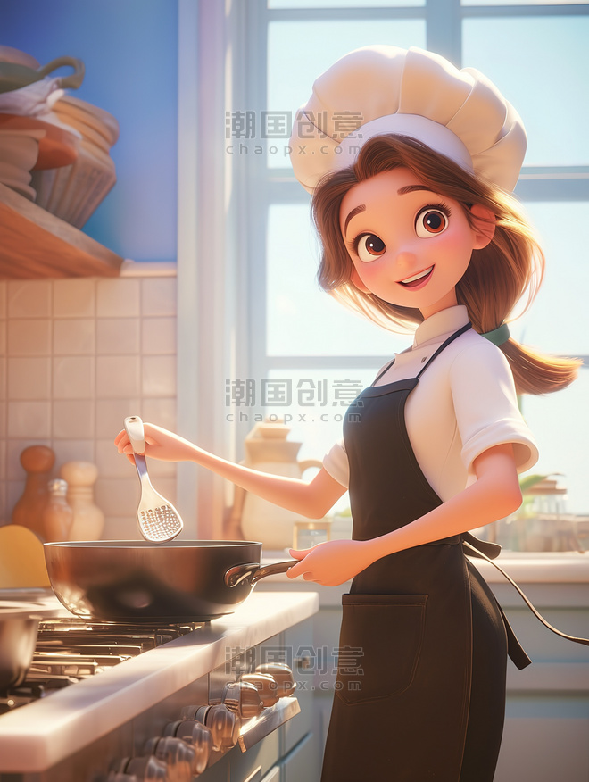 创意年轻的女人在做饭厨师保姆矢量插画