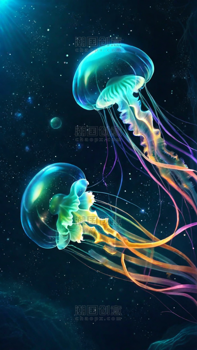 创意海底世界炫彩透明发光的水母背景4