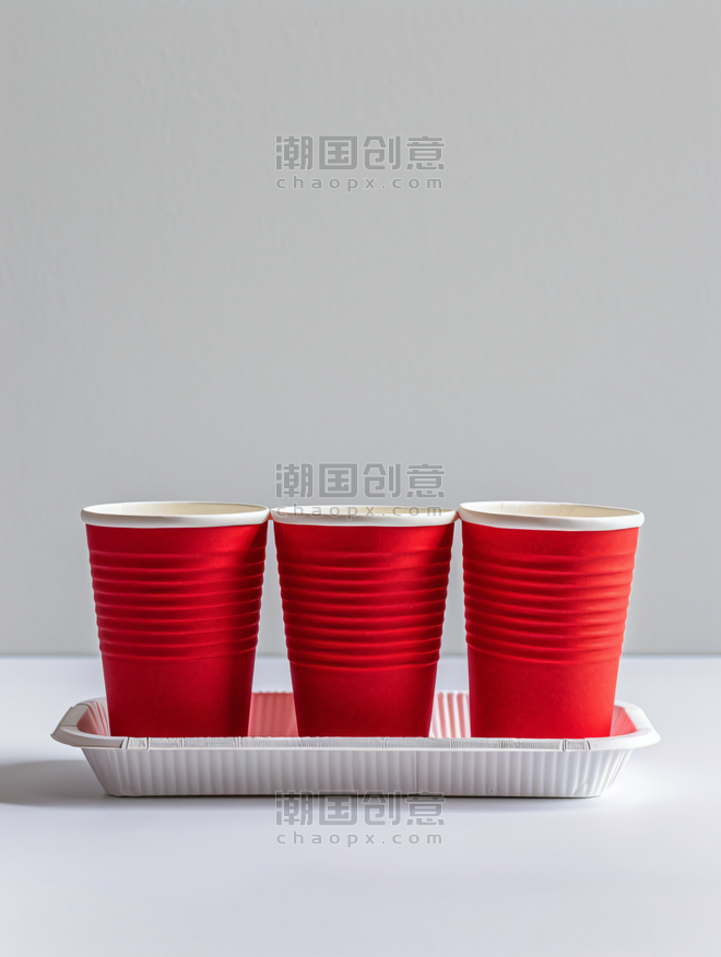 创意红色一次性纸杯立在托盘中饮品美食餐饮