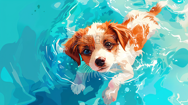 创意游泳的可爱狗狗动物宠物插画19