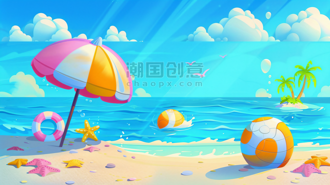 创意夏季夏天大海沙滩旅游度假卡通海边度假3