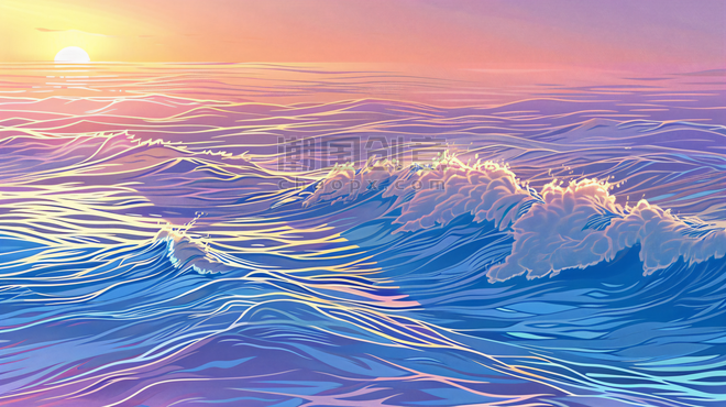 创意美丽的落日海水彩色夕阳海浪大海插画2