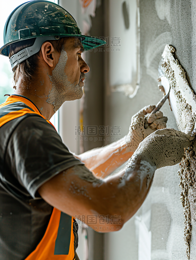 创意建筑商使用镘刀添加灰泥抹灰墙与推杆工程建设