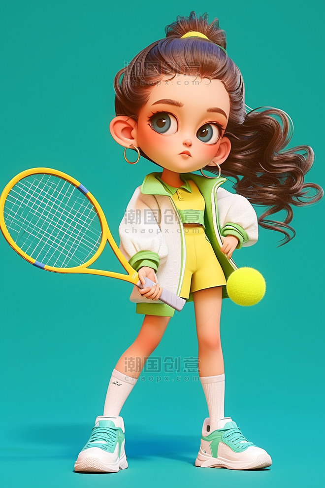 创意手绘卡通立体运动体育竞技插画运动女孩网球海报