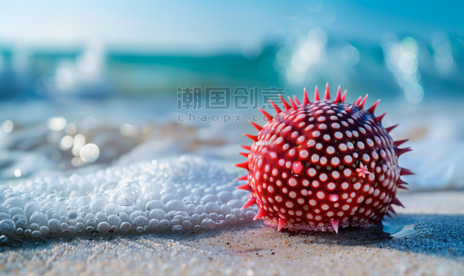 创意红海胆在海滩上的大海生物照片