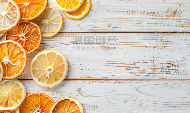 创意白色木质背景配有干橙和柠檬片清新水果橙色木桌