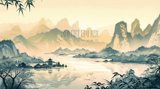 创意山林湖泊边的中国古建筑唯美水墨国潮中国风插画