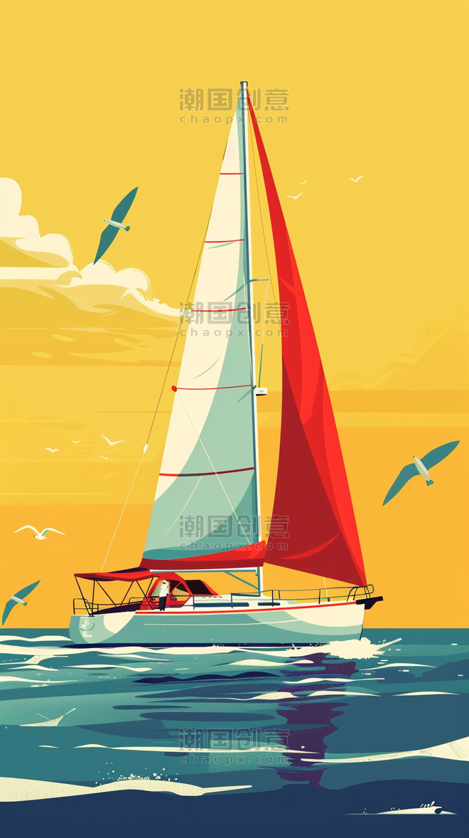 创意运动会帆船比赛帆船运动海面帆船黄色背景