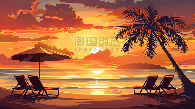创意海边大海夕阳旅游沙滩遮阳伞躺椅15