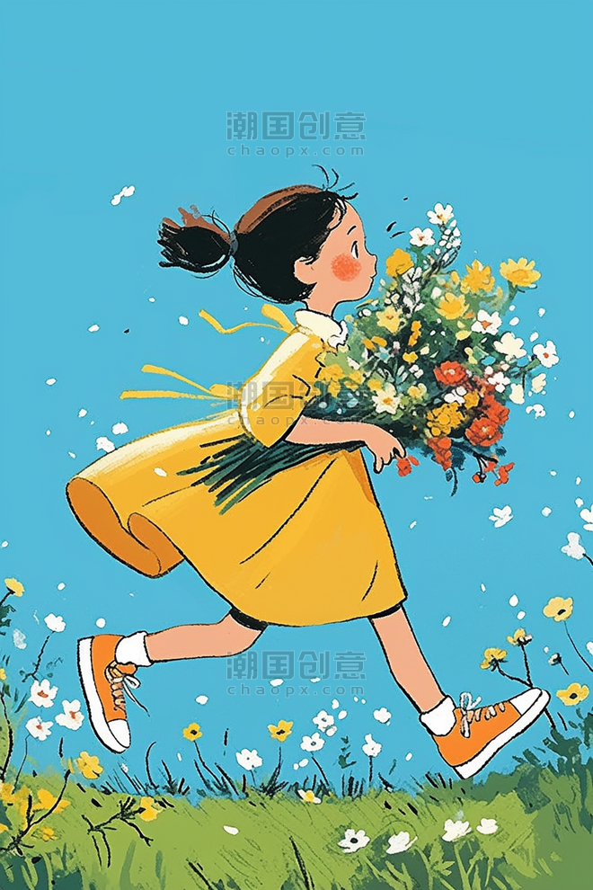 创意可爱女孩奔跑手绘鲜花插画海报