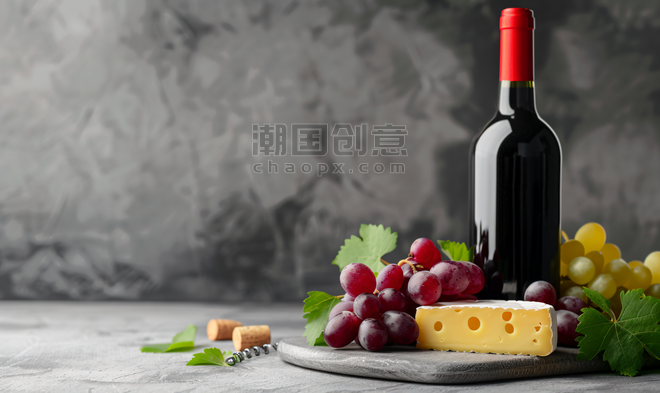 创意红酒瓶用葡萄和奶酪