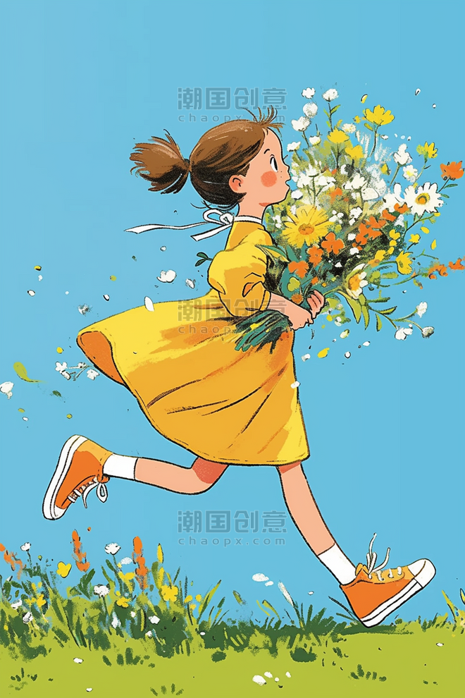 创意海报可爱女孩鲜花奔跑手绘插画