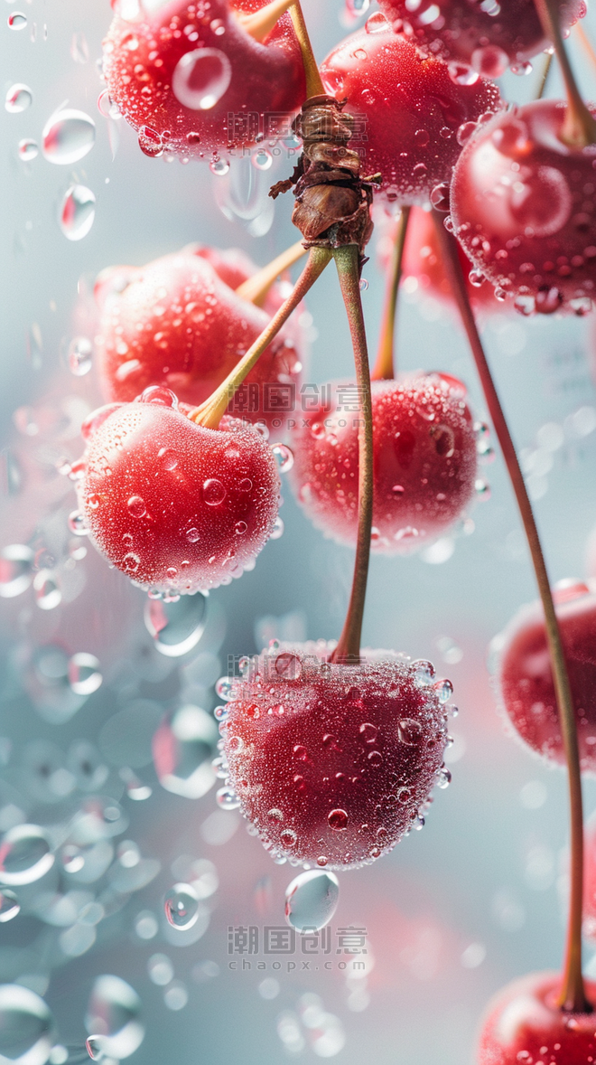 创意夏天冰爽冰块冰晶新鲜水果樱桃背景