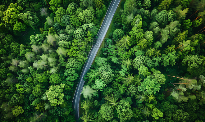 创意无人机拍摄老森林中的鸟瞰图或道路