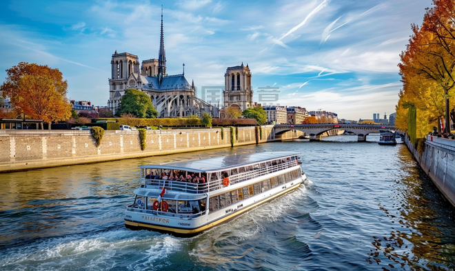 创意拍摄巴黎圣母院和旅游船