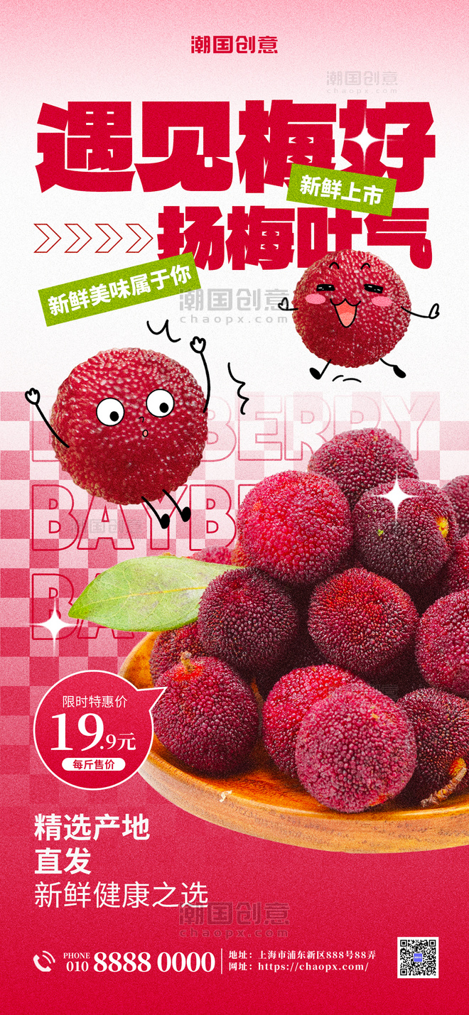 水果杨梅促销红色扁平创意长图海报