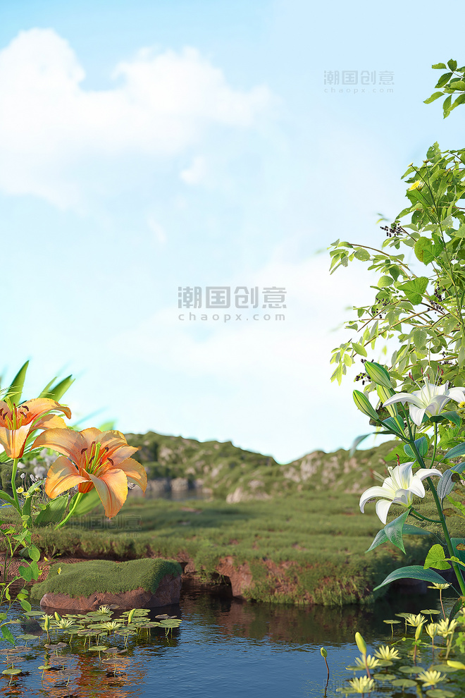 绿色夏季植物百合花3D立体背景