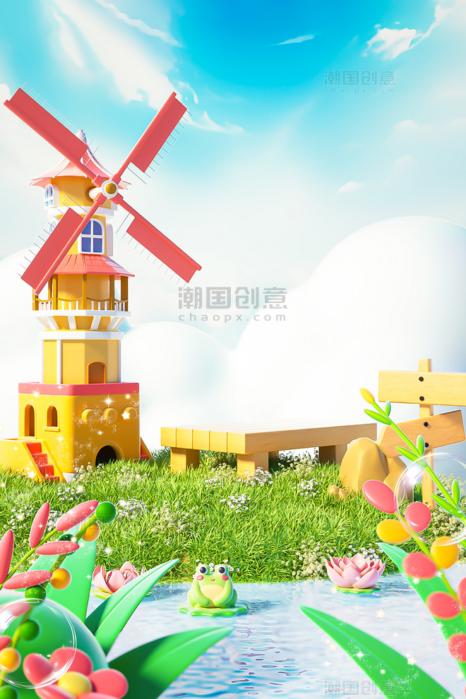 春季春天3D户外植物花草风景背景