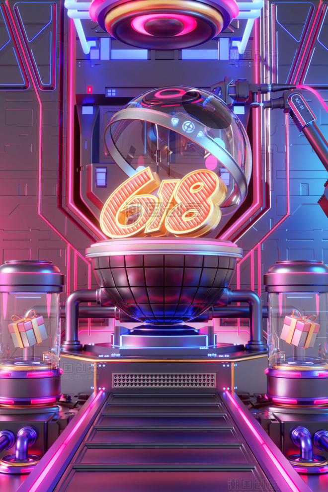 618电商3D立体科技感赛博朋克风促销展台场景